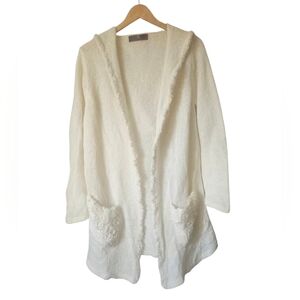 INKAMODA Winter White Alpaca Wool Blend Longline Hood Peruvian Open Cardigan